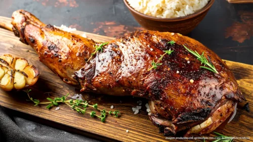 Paleta ovina na brasa com melado e arroz branco
