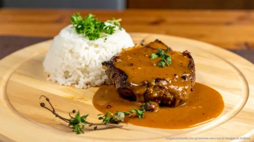 Bife de coração da alcatra com molho de laranja caramelizada e arroz branco