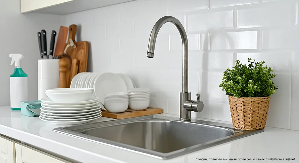 Uma pia de cozinha com torneira moderna exibe louças brancas empilhadas e limpas ao lado, além de um vaso de planta. "O que não pode faltar no churrasco de Dia das Mães? Confira dicas