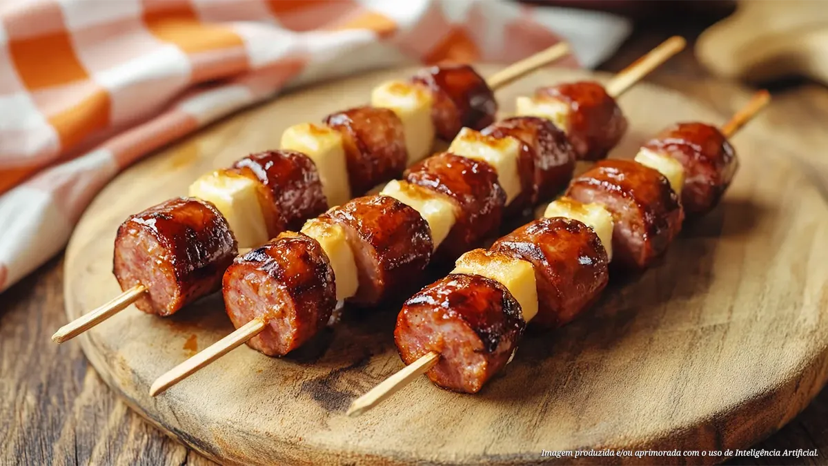 Espetinho de salsicha com queijo coalho na airfryer com molho agridoce