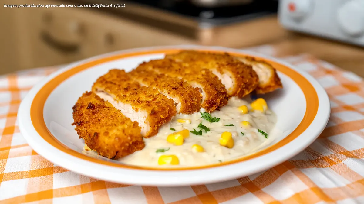 Filé de frango empanado com creme de milho