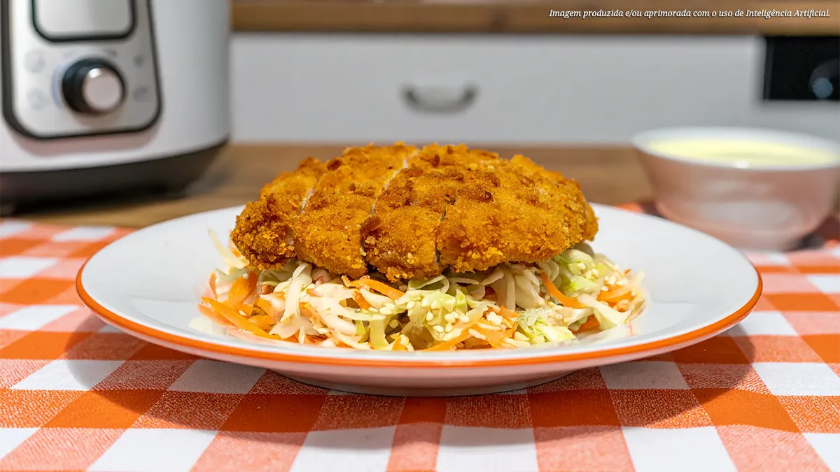Salada coleslaw com frango empanado e gergelim