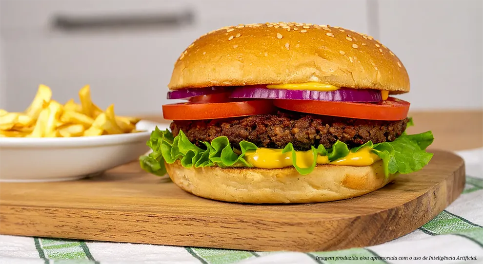 Apresentação de um Hambúrguer de lentilha completo, com pão de gergelim, alface, tomate, cebola roxa e molho, servido sobre uma tábua de madeira. Ao lado, um recipiente com batatas fritas.