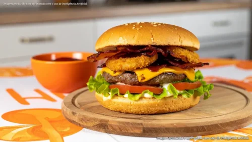 Cheeseburguer com bacon crocante e onion rings