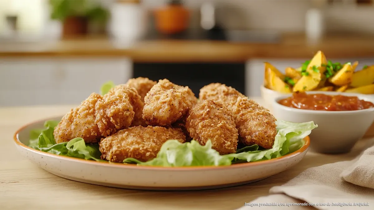 Iscas crocantes na airfryer ao barbecue de goiabada com batatas rústicas