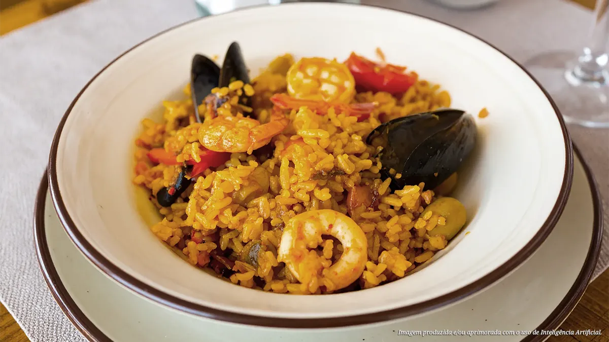Paella de frutos do mar e arroz de açafrão