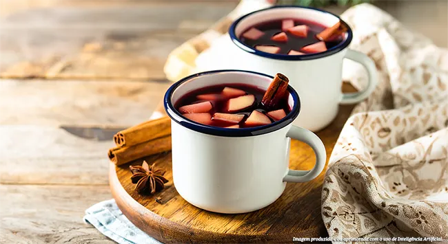Apresenta duas canecas de "Vinho Quente". A bebida é escura e contém frutas em pedaços e canela. As canecas brancas com borda azul estão sobre uma superfície de madeira.