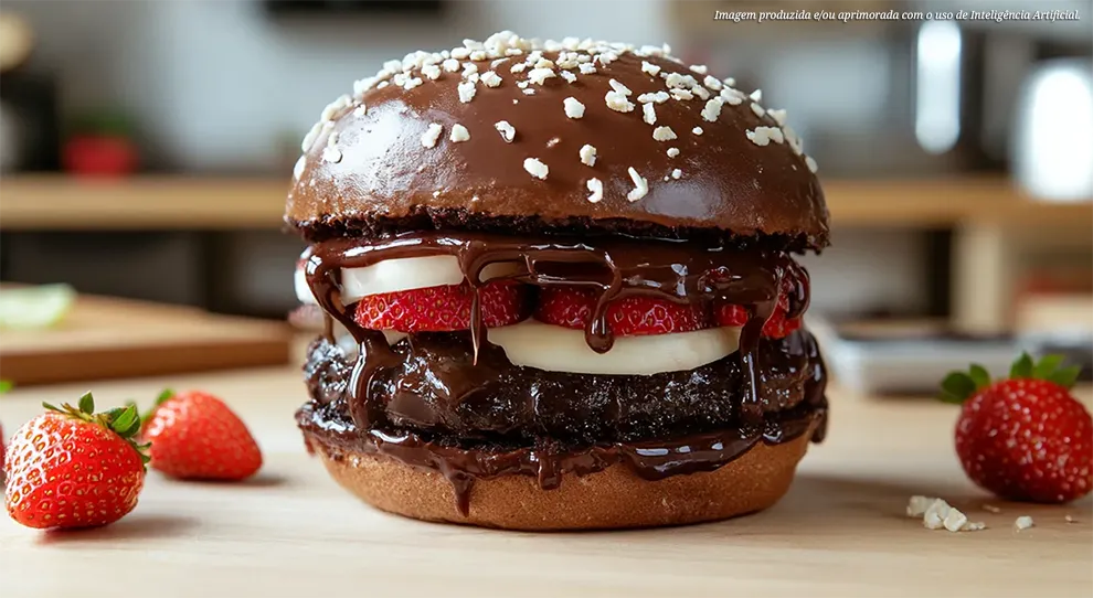 Um Hambúrguer de chocolate está posicionado em uma superfície de madeira. O pão tem uma cobertura de chocolate e pedacinhos brancos. O recheio é composto por morangos fatiados, um creme branco e chocolate derretido. Morangos inteiros estão à esquerda.