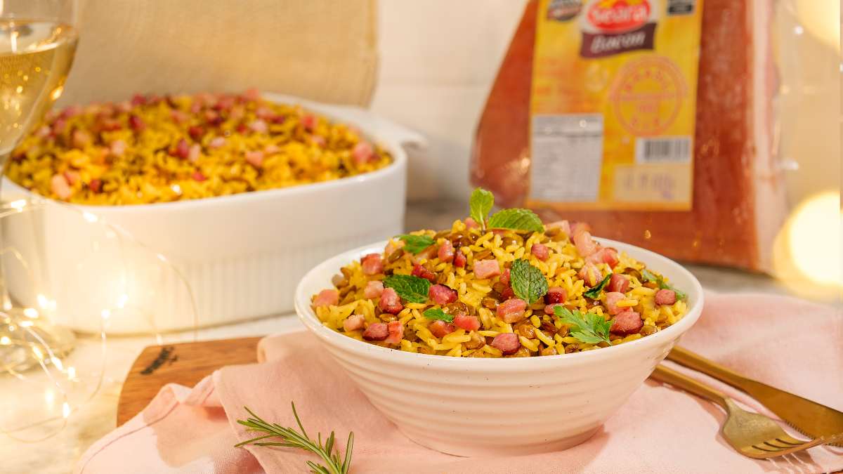 Arroz com lentilha e bacon