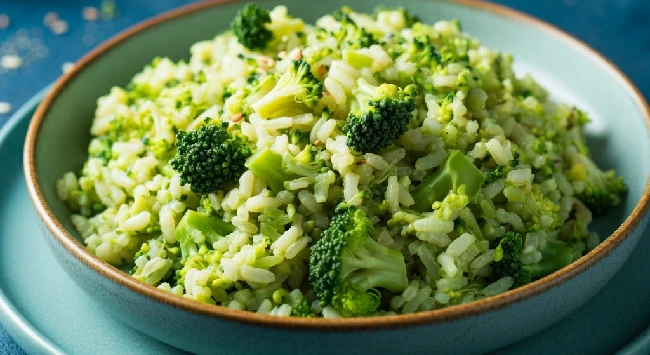 Arroz de brócolis verdinho em uma tigela azul.