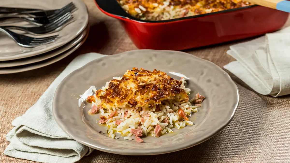 Arroz de Forno com Mortadela e Queijo