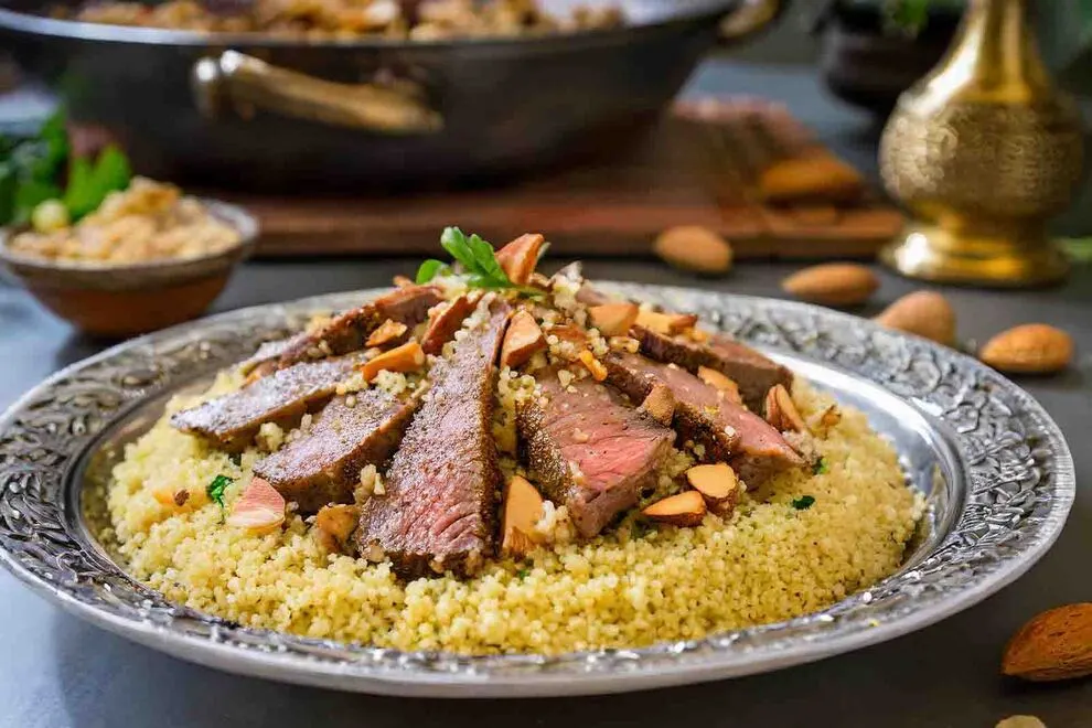 Imagem de um prato de cordeiro assado cortado em fatias sob uma farofa amarela temperada, em cima de uma mesa escura