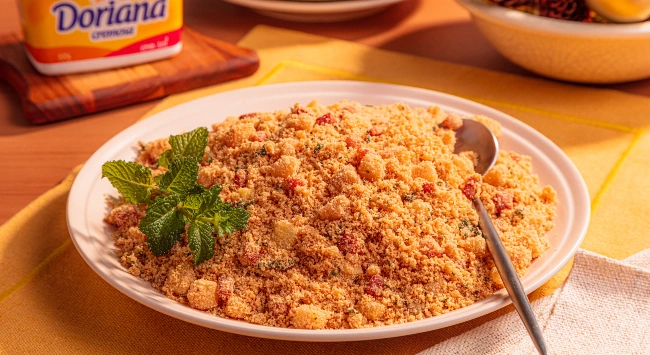 Farofa de abacaxi com bacon em uma travessa branca.