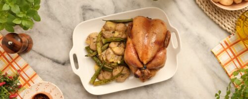 Frango de Padaria Assado e Batatas ao Murro com Quiabo
