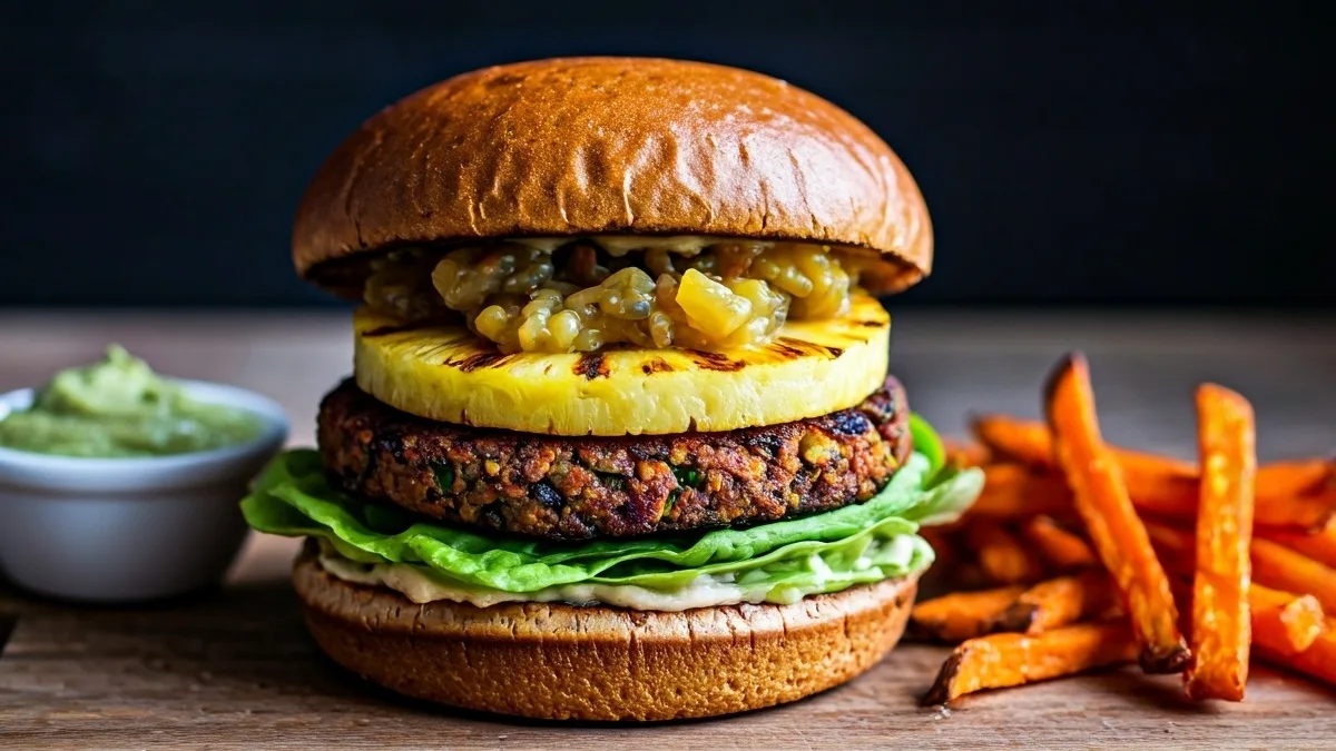Hambúrguer 100% vegetal com chutney de abacaxi e banana