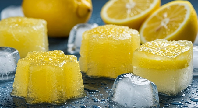 Cubos de gelo de suco de limão em formatos divertidos ao lado de limões frescos, perfeitos para refrescar bebidas e evitar desperdício.