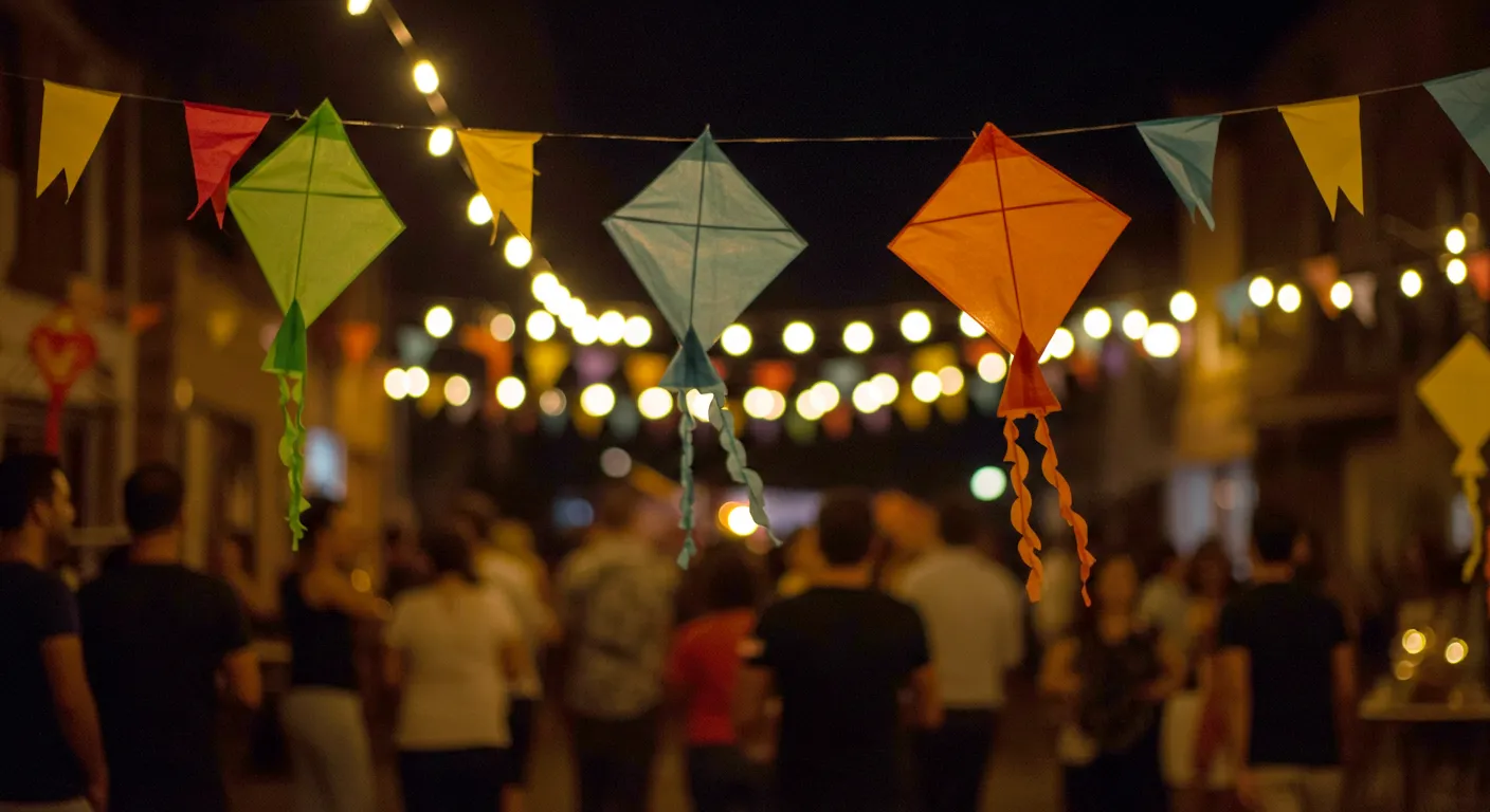 Pipas coloridas e bandeirinhas penduradas em um cordão de luzes, com uma multidão festiva ao fundo, compõem a decoração para festa junina em uma rua à noite.