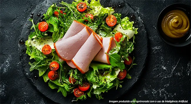 Uma Salada de folhas verdes com lombo condimentado e molho de mostarda e mel. Folhas de alface e rúcula são a base, com tomates cereja cortados e fatias de lombo no centro. O molho está ao lado.