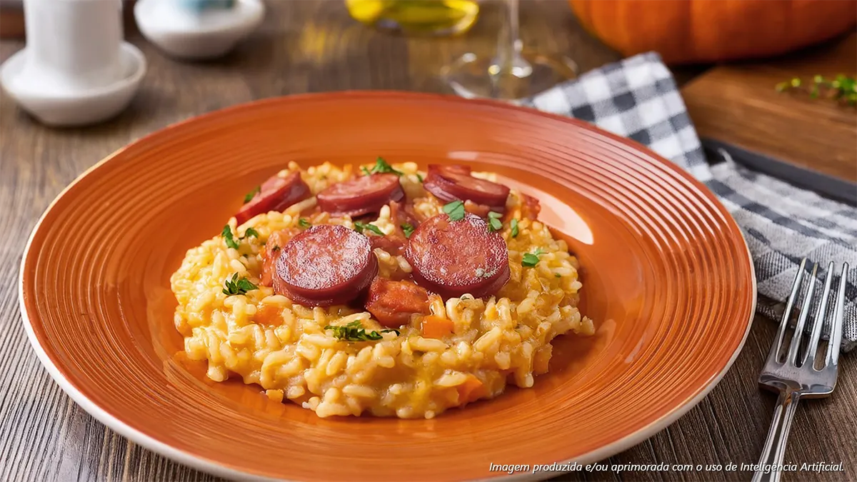 Arroz cremoso com calabresa e abóbora