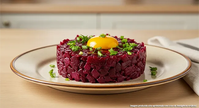 Apresentação de um tartar de beterraba em um prato claro. O prato cilíndrico de beterraba picada é guarnecido com uma gema de ovo brilhante no centro e cebolinha verde em volta.