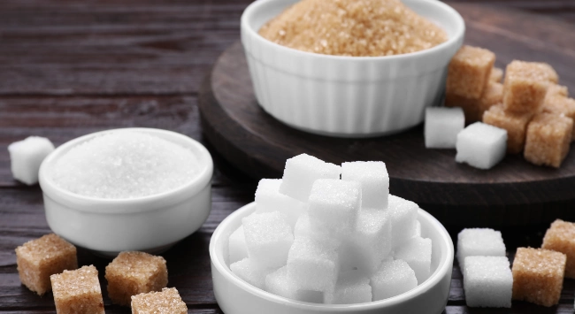 Variedade de açúcares em potes e cubos: refinado branco, demerara e mascavo. Os cubos aparecem em branco e marrom sobre uma mesa escura.