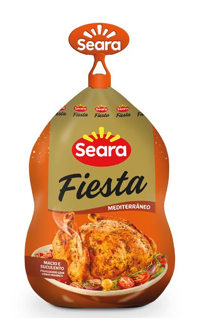 Embalagem da Ave Fiesta Sabor Mediterrâneo Seara, destacando uma ave assada e dourada, acompanhada de guarnições festivas, sugerindo uma refeição saborosa e prática para ocasiões especiais.
