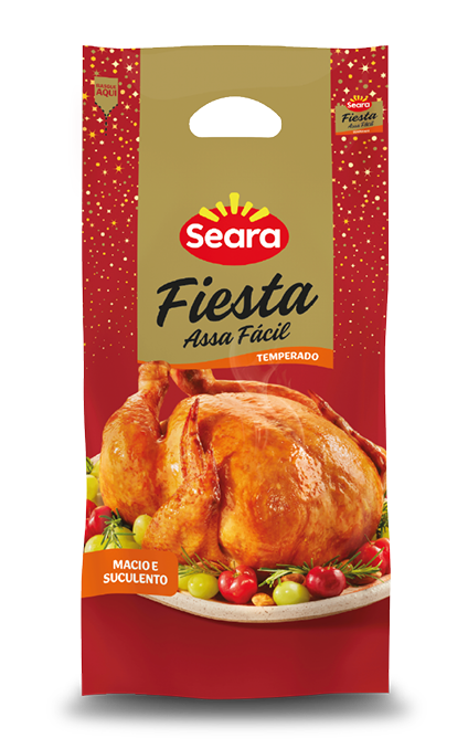 Embalagem da Ave Fiesta Temperada Assa Fácil Seara, destacando uma ave assada e dourada, acompanhada de guarnições festivas, sugerindo uma refeição saborosa e prática para ocasiões especiais.