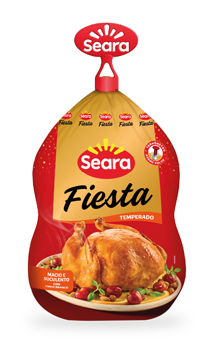 Embalagem da Ave Fiesta Temperada Seara, destacando uma ave assada e dourada, acompanhada de guarnições festivas, sugerindo uma refeição saborosa e prática para ocasiões especiais.