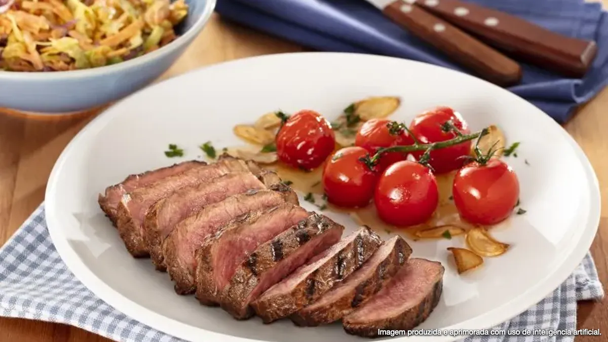 Bife de contra-Filé com Tomates em rama e Salada de Repolho
