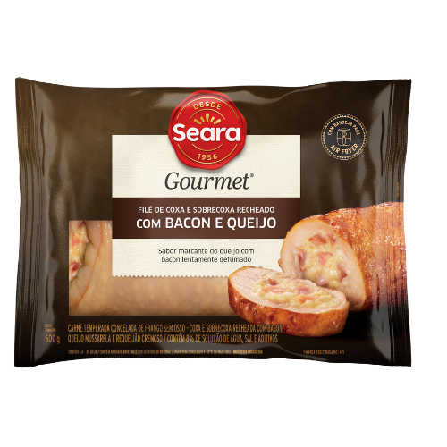 Filé de Coxa e Sobrecoxa Recheado Com Bacon e Queijo 600g Filé de coxa e sobrecoxa recheada com bacon e queijo Seara Gourmet 600g
