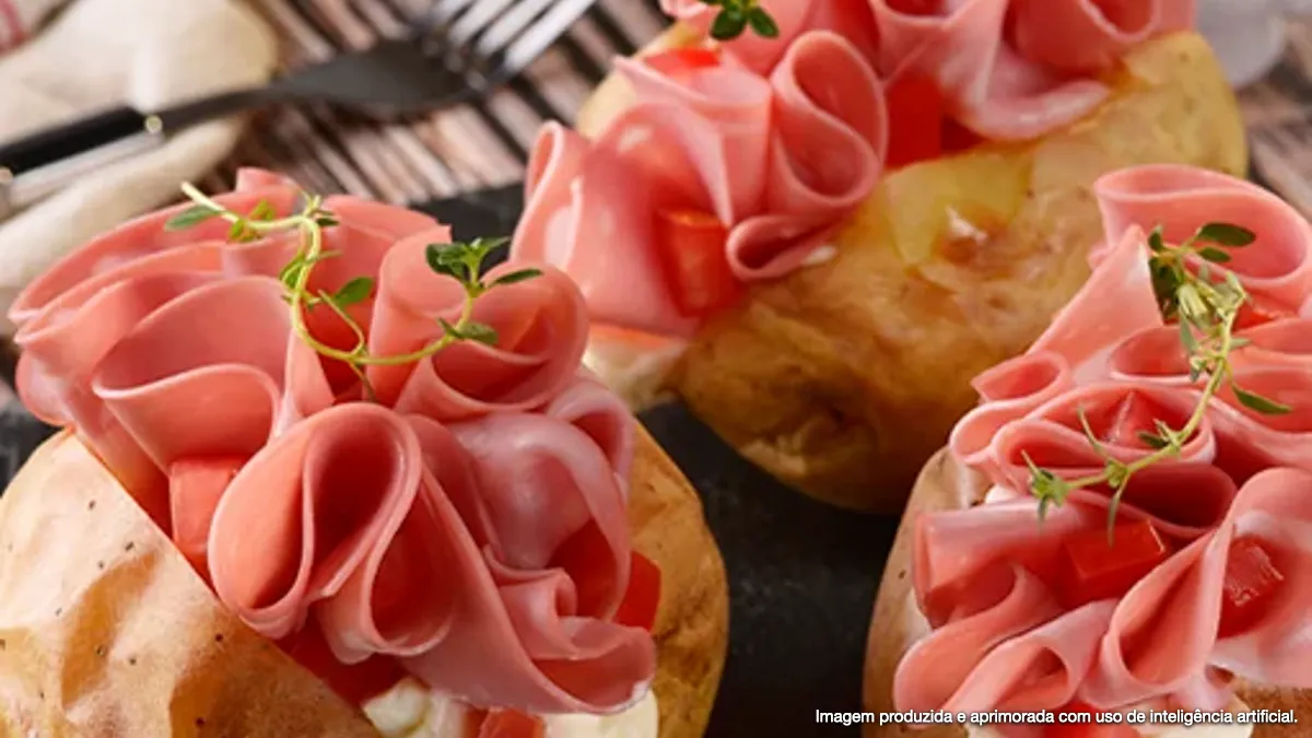 BATATA ASSADA COM MORTADELA, QUEIJO E PARMESÃO