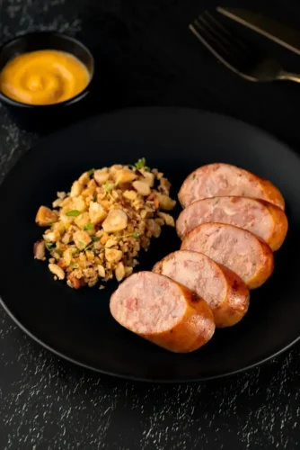 Linguiça de Frango Com Bacon, Molho de Mostarda e Farofa de Castanhas Com Pão